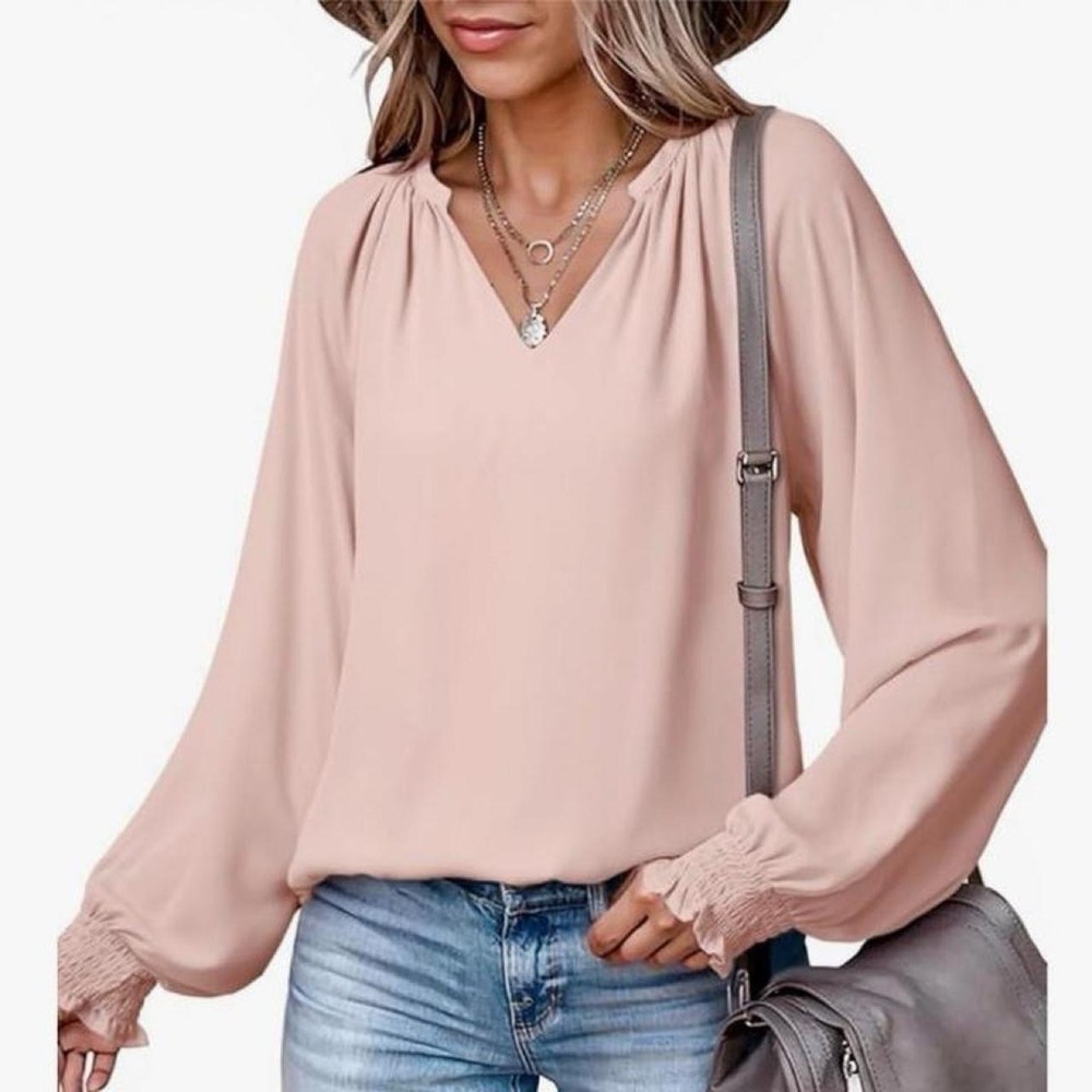 Dokotoo Blouse for Women Dressy Casual Flowy Boho Top V Neck Long Sleeve Shirt
